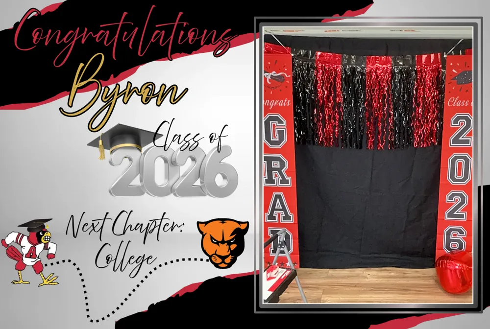 Custom red and black graduation photo booth backdrop and Class of 2026 overlay