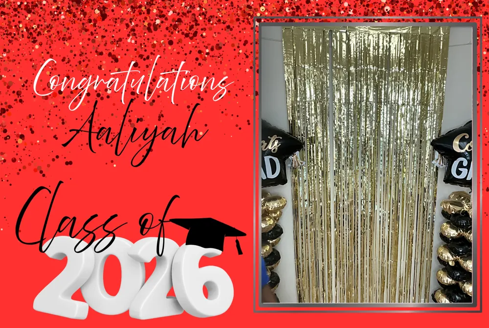 Red and silver Class of 2026 graduation backdrop with a custom photo overlay
