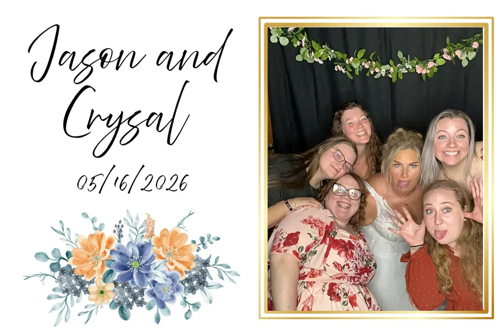 Group of wedding guests smiling and laughing in the photo booth