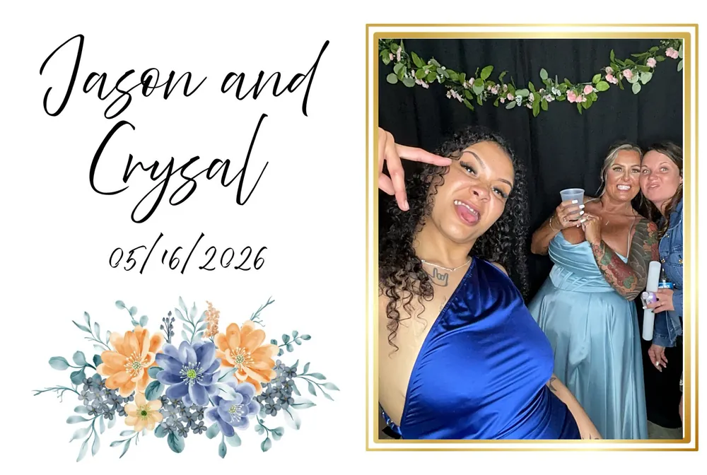Wedding guests celebrating together while holding photo booth props